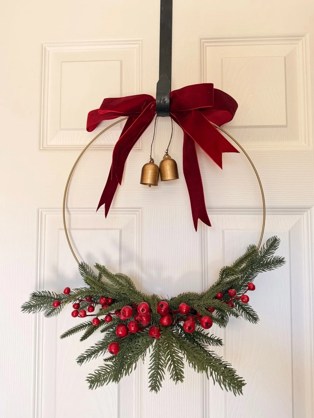 Festive Red Berry & Greenery Holiday Wreath with Velvet Bow